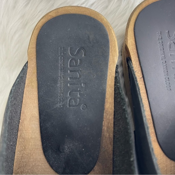 Sanita Black Leather Slip On Wooden Clogs Comfort Shoes Size 35 / 5 - Picture 4 of 8